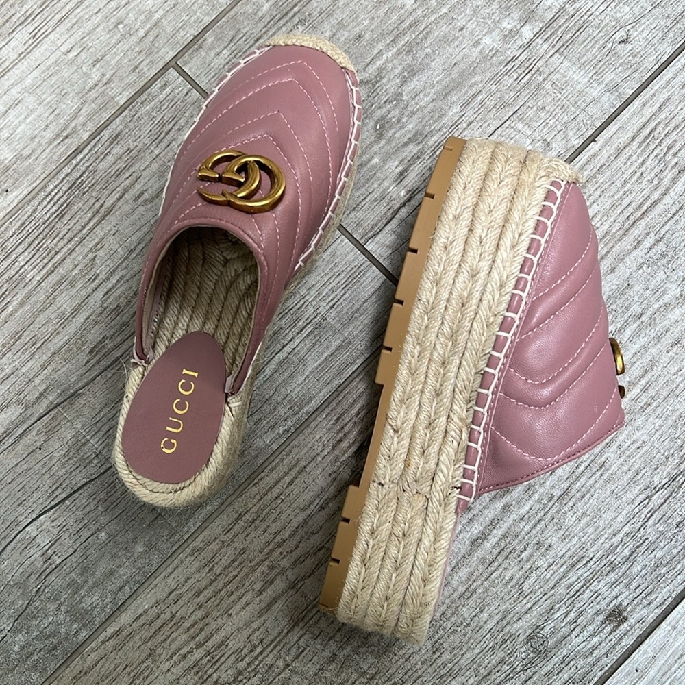 GG Quilted Pink Leather Platform Espadrille Mules